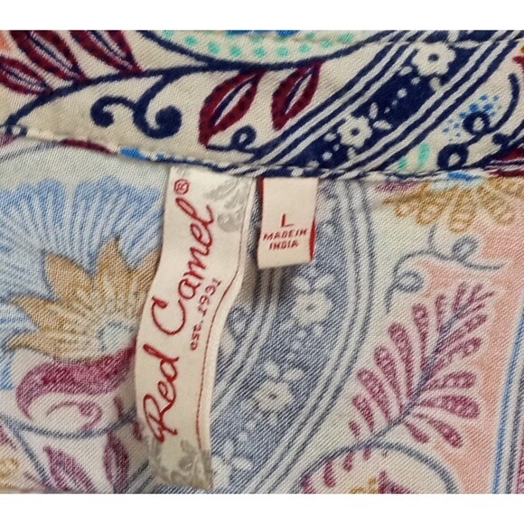 Red Camel Boho Tunic Top L Paisley Print Crochet Trim Long Sleeve Peasant Blouse - Picture 5 of 6